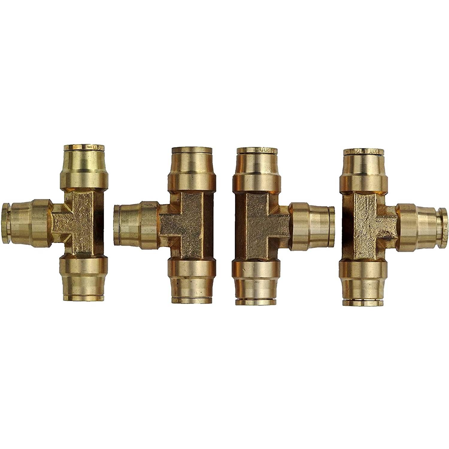3/8” Brass Push Lock Union Tee, DOT Approved, 4 Pack