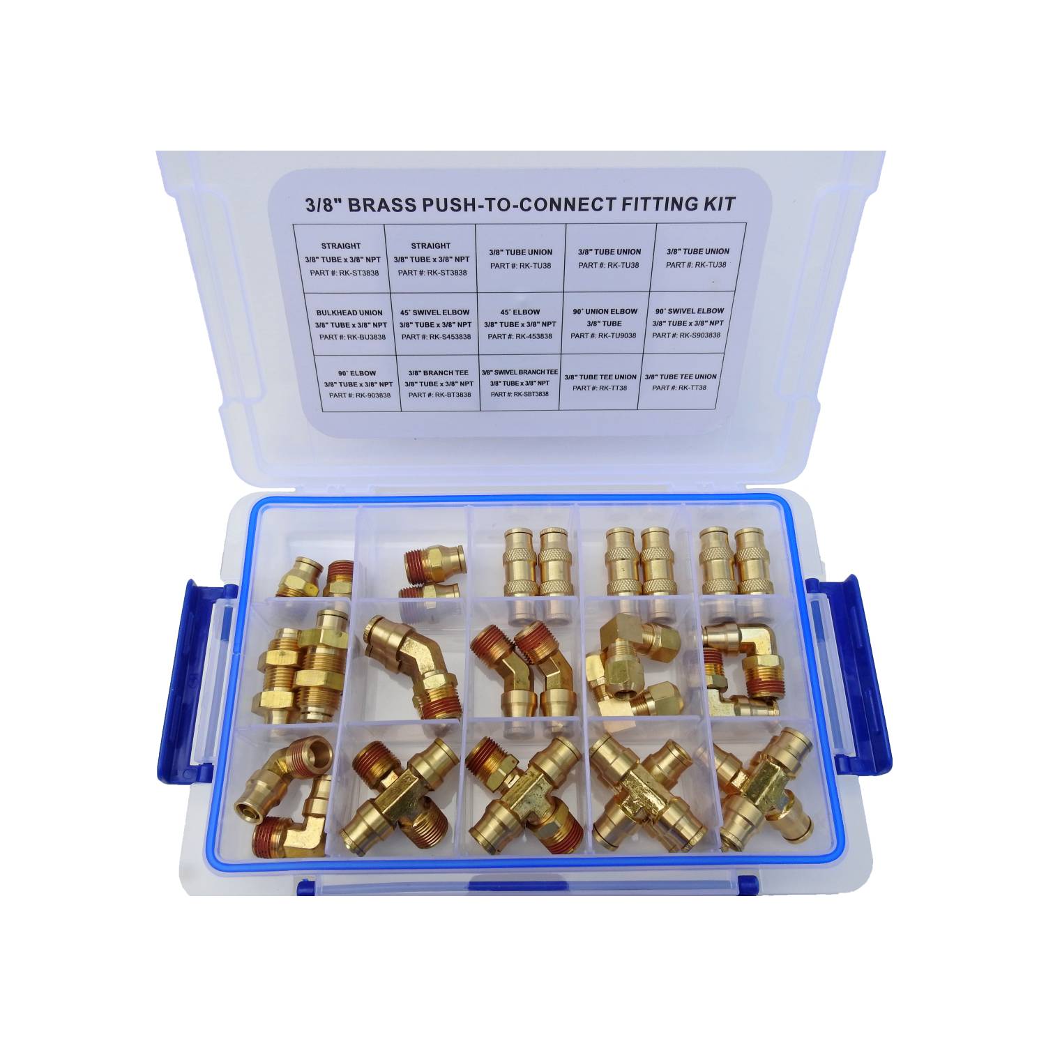 3/8” Asst Push Lock Brass Air Line Fitting Kit, DOT Approved
